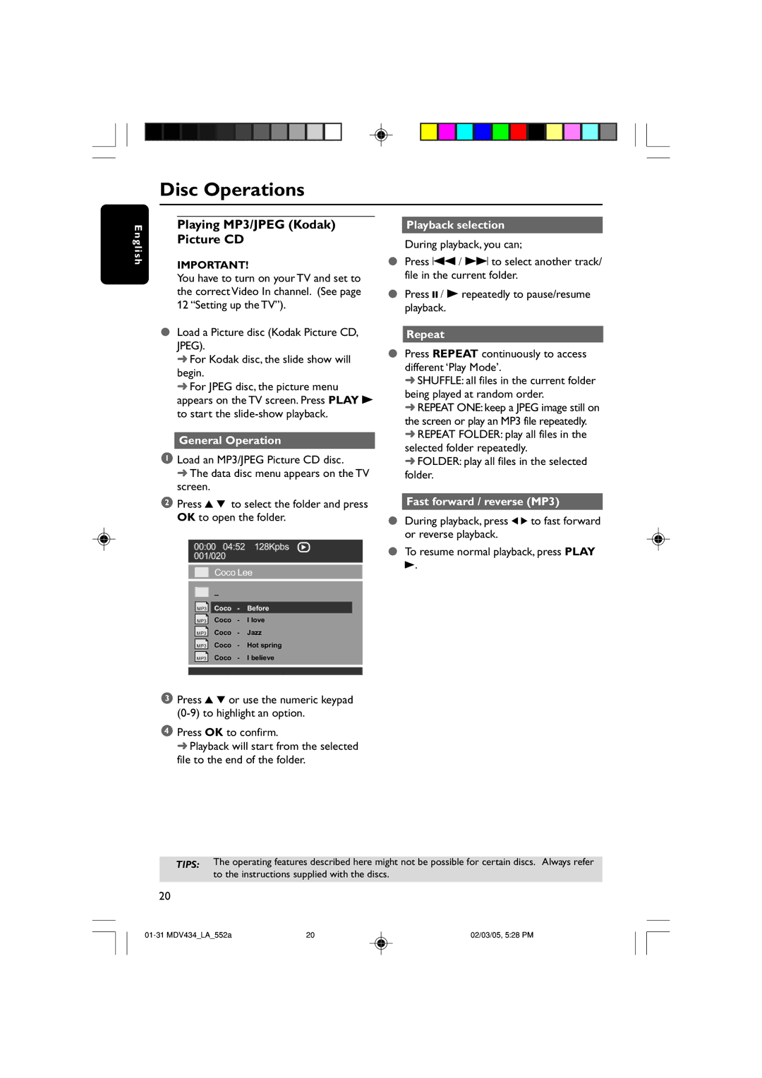 Magnavox MDV434 manual Playing MP3/JPEG Kodak Picture CD, General Operation, Playback selection, Repeat 