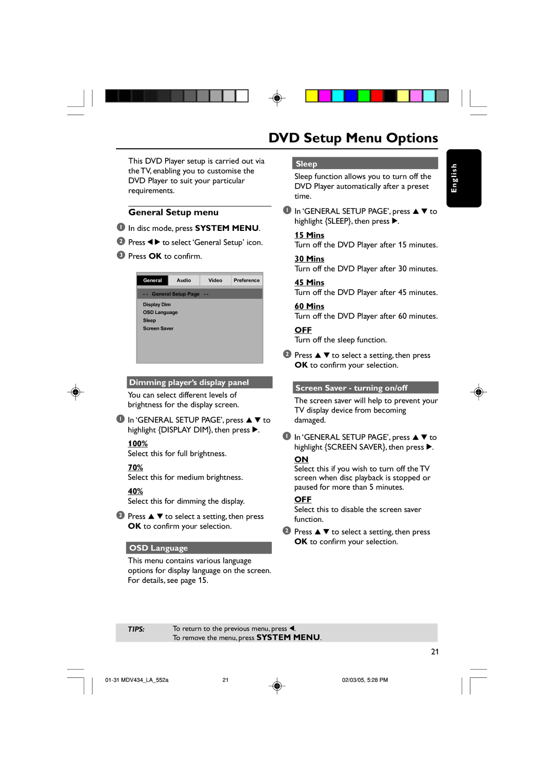 Magnavox MDV434 manual DVD Setup Menu Options, General Setup menu, Off 