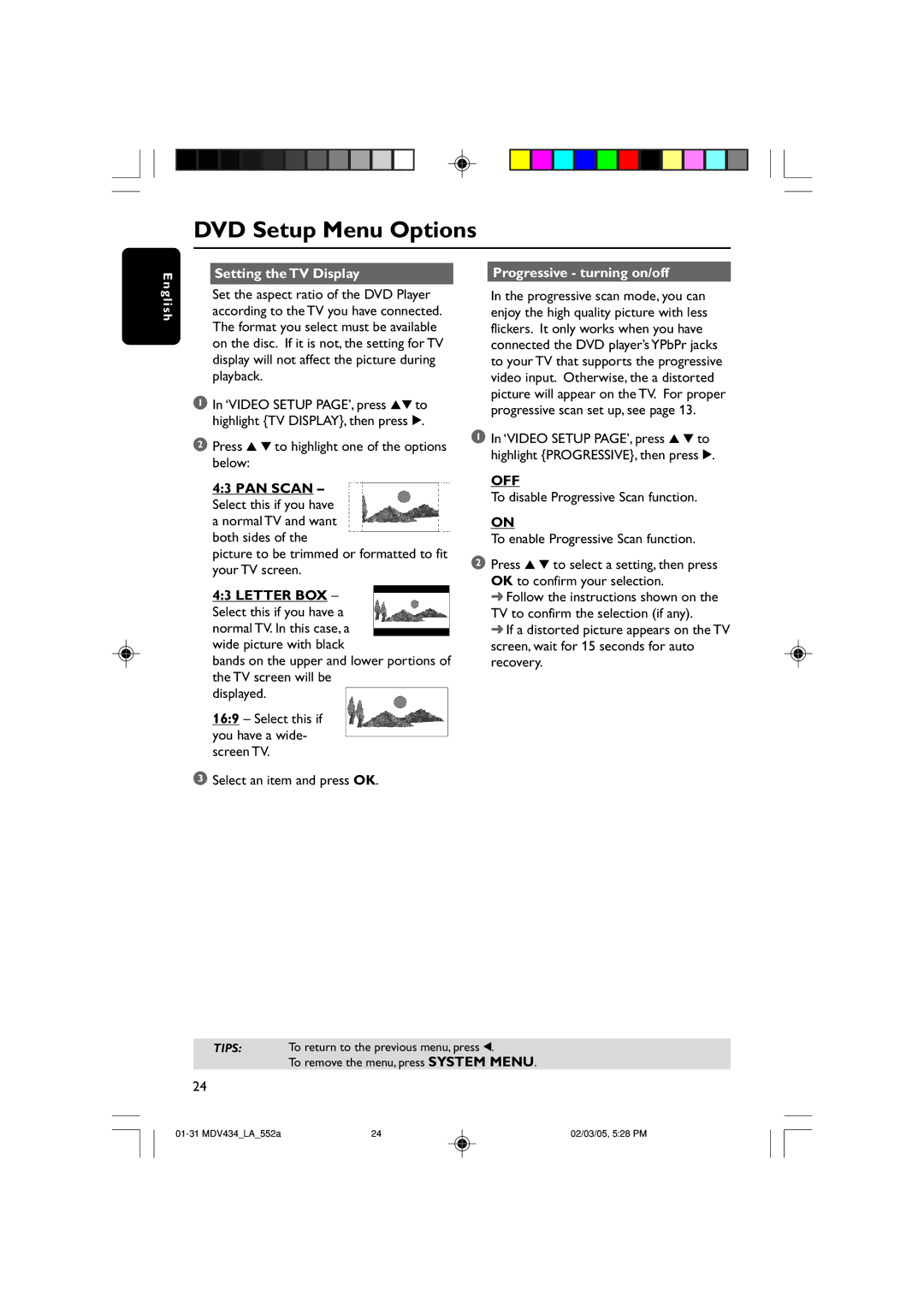 Magnavox MDV434 manual Setting the TV Display Progressive turning on/off 