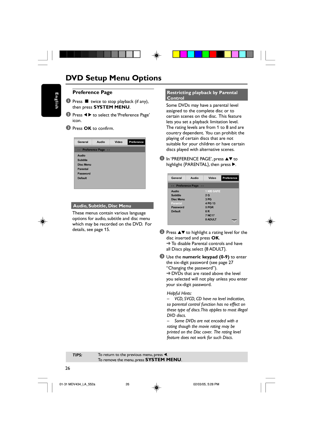 Magnavox MDV434 manual Preference, Audio, Subtitle, Disc Menu, Restricting playback by Parental Control 