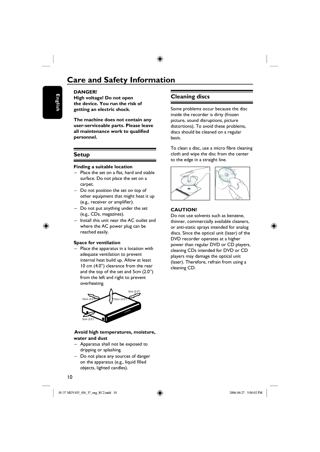 Magnavox mdv436, MDV435 manual Care and Safety Information, Setup, Cleaning discs 