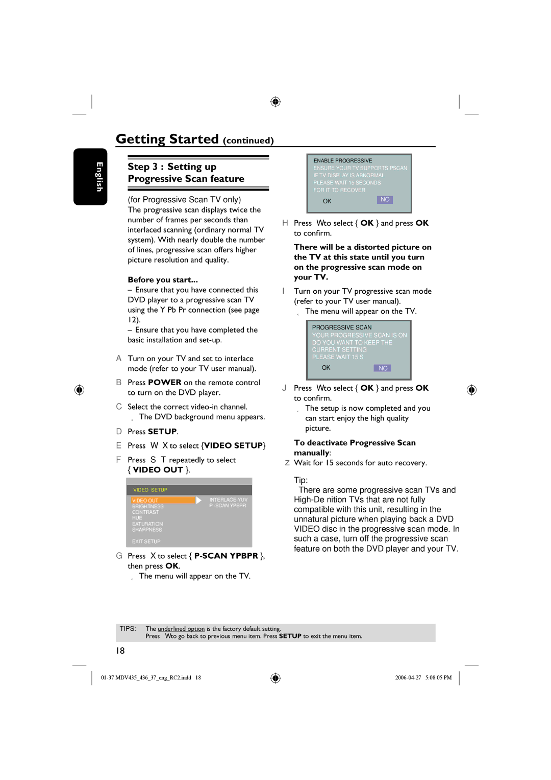 Magnavox mdv436, MDV435 Before you start, Video OUT, To deactivate Progressive Scan manually 