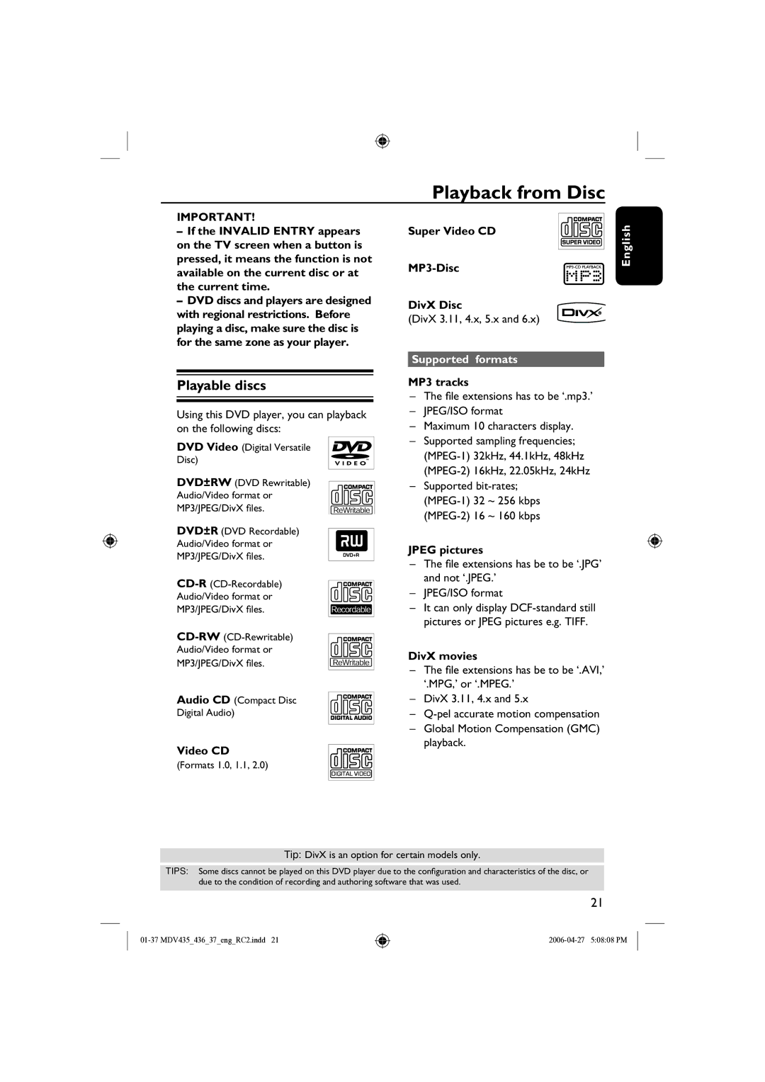 Magnavox MDV435, mdv436 manual Playback from Disc, Playable discs, Supported formats English 