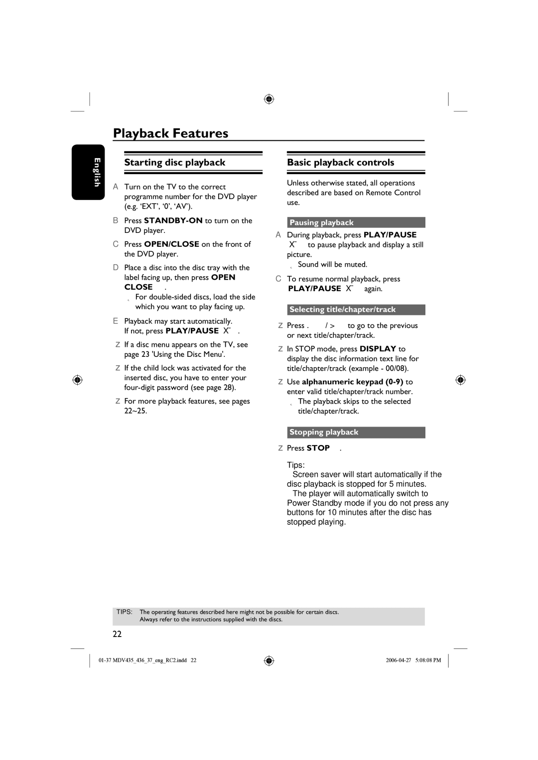 Magnavox mdv436, MDV435 manual Playback Features, Starting disc playback, Basic playback controls 