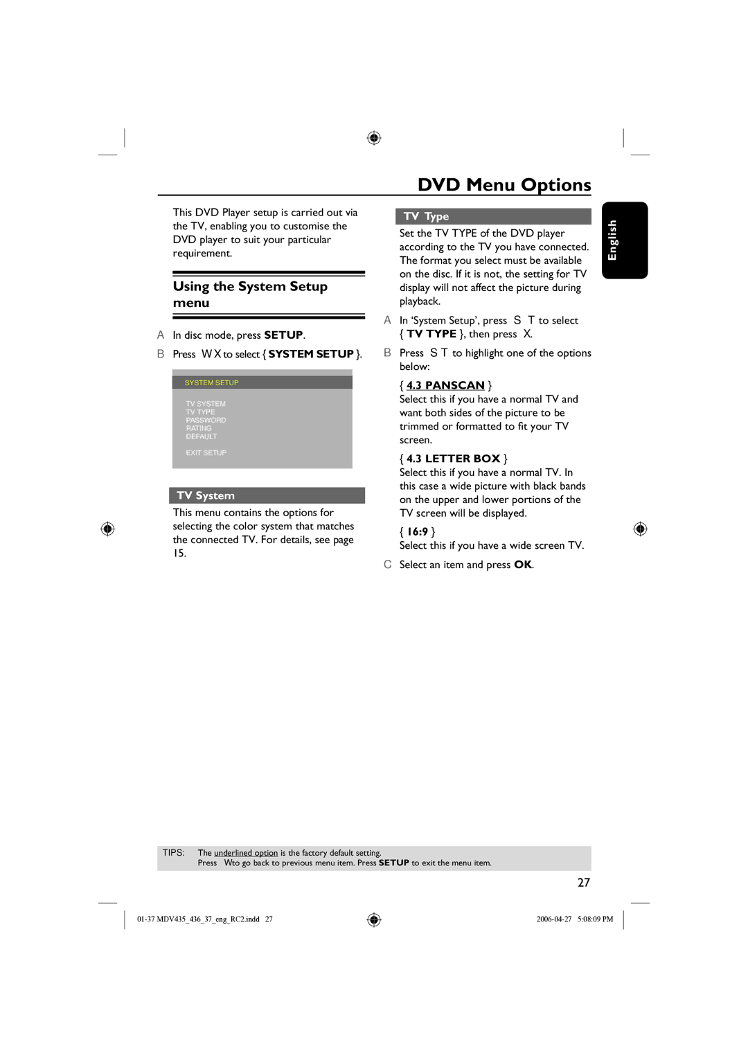 Magnavox MDV435, mdv436 manual DVD Menu Options, Using the System Setup menu, TV System, TV Type 