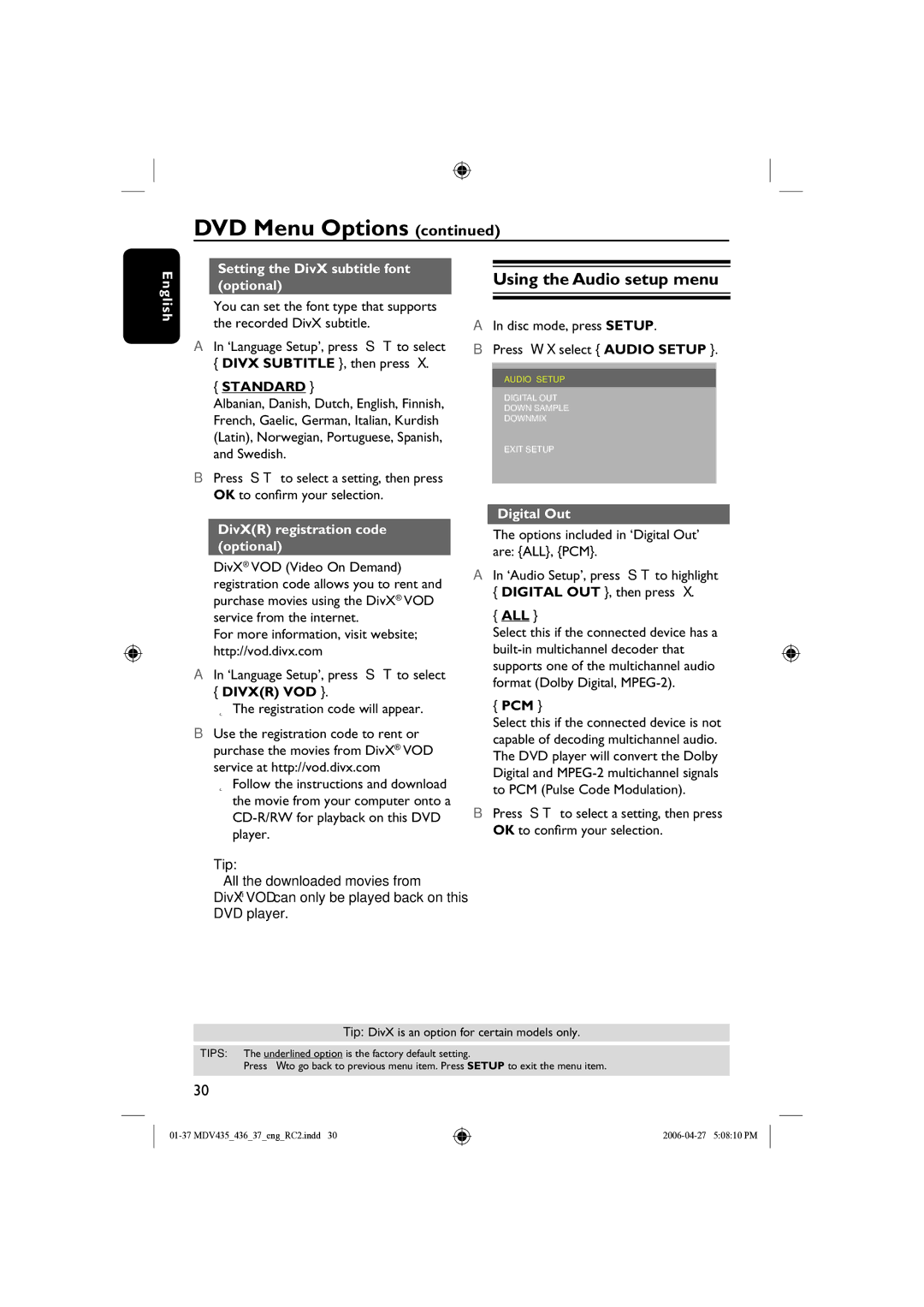 Magnavox mdv436, MDV435 Using the Audio setup menu, English Setting the DivX subtitle font optional, Standard, Digital Out 