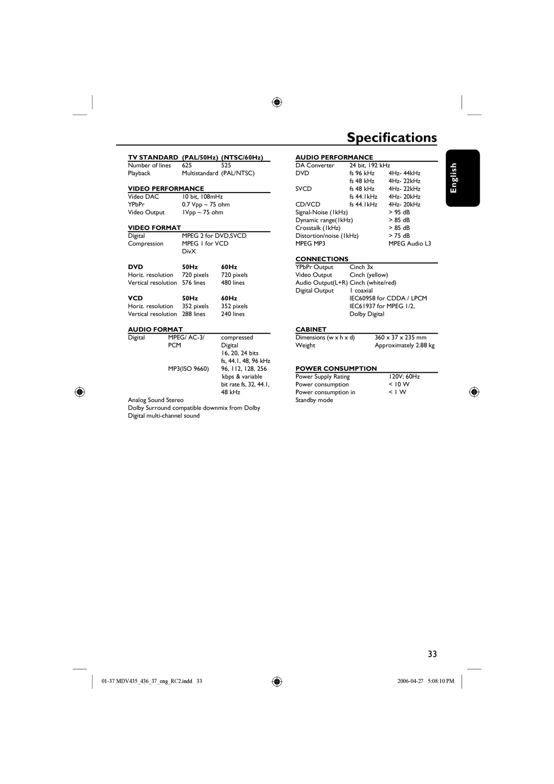 Magnavox MDV435, mdv436 manual Specifications, Audio Format 