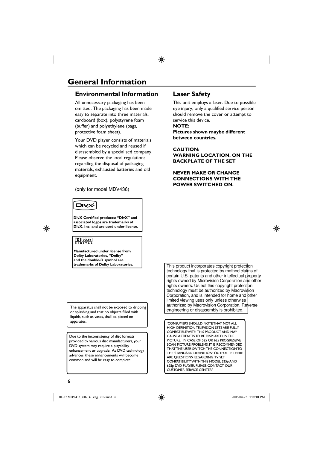 Magnavox mdv436, MDV435 manual General Information, Pictures shown maybe different between countries 