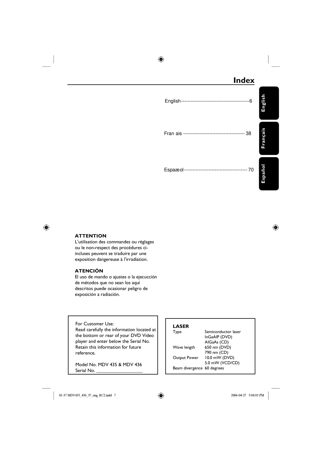 Magnavox MDV435, mdv436 manual Index, Français Español, Español Français English, Atención, Laser 