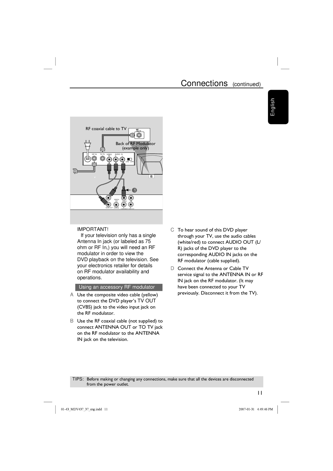 Magnavox MDV437 manual Using an accessory RF modulator 