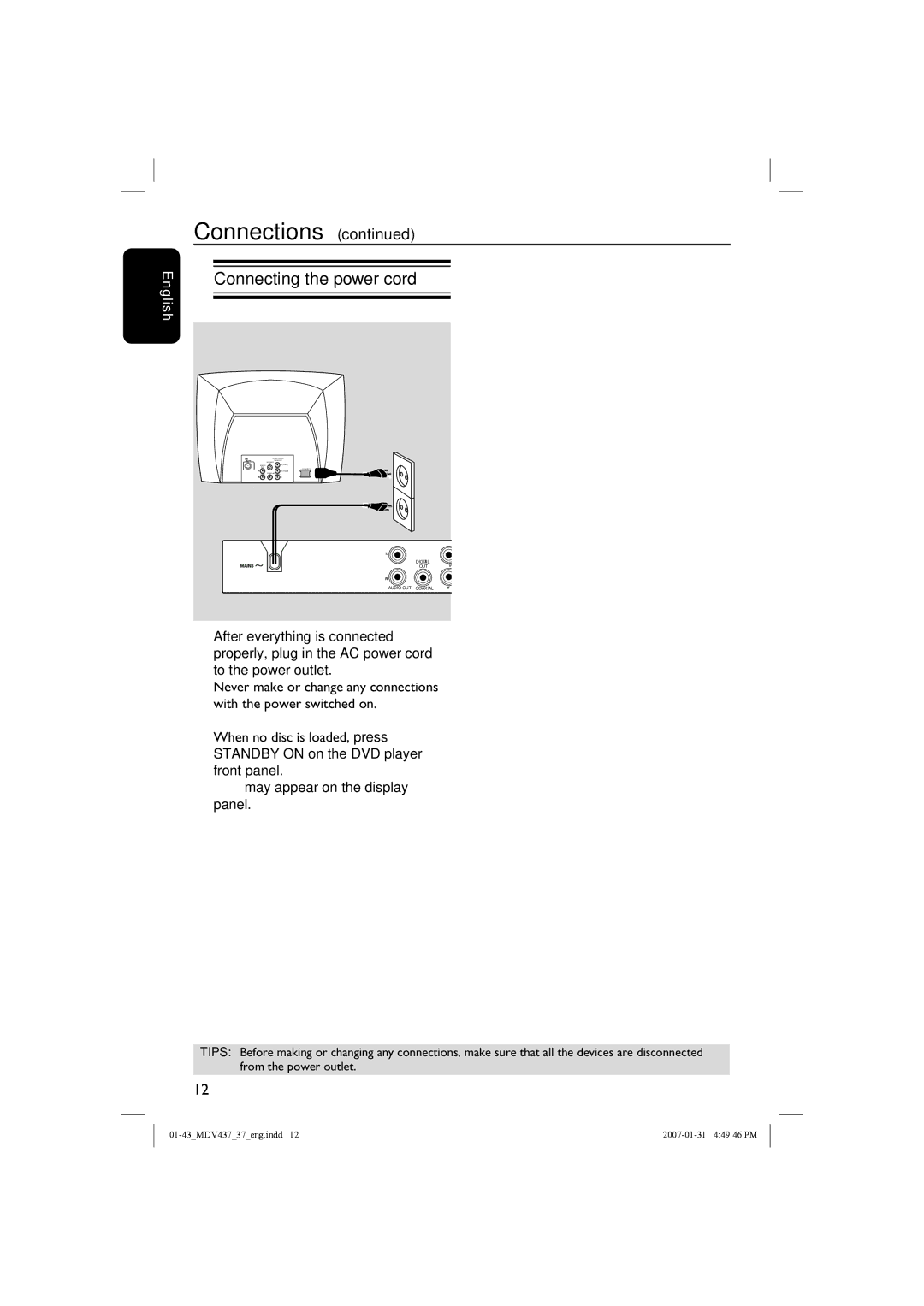 Magnavox MDV437 manual Connecting the power cord, When no disc is loaded, press 