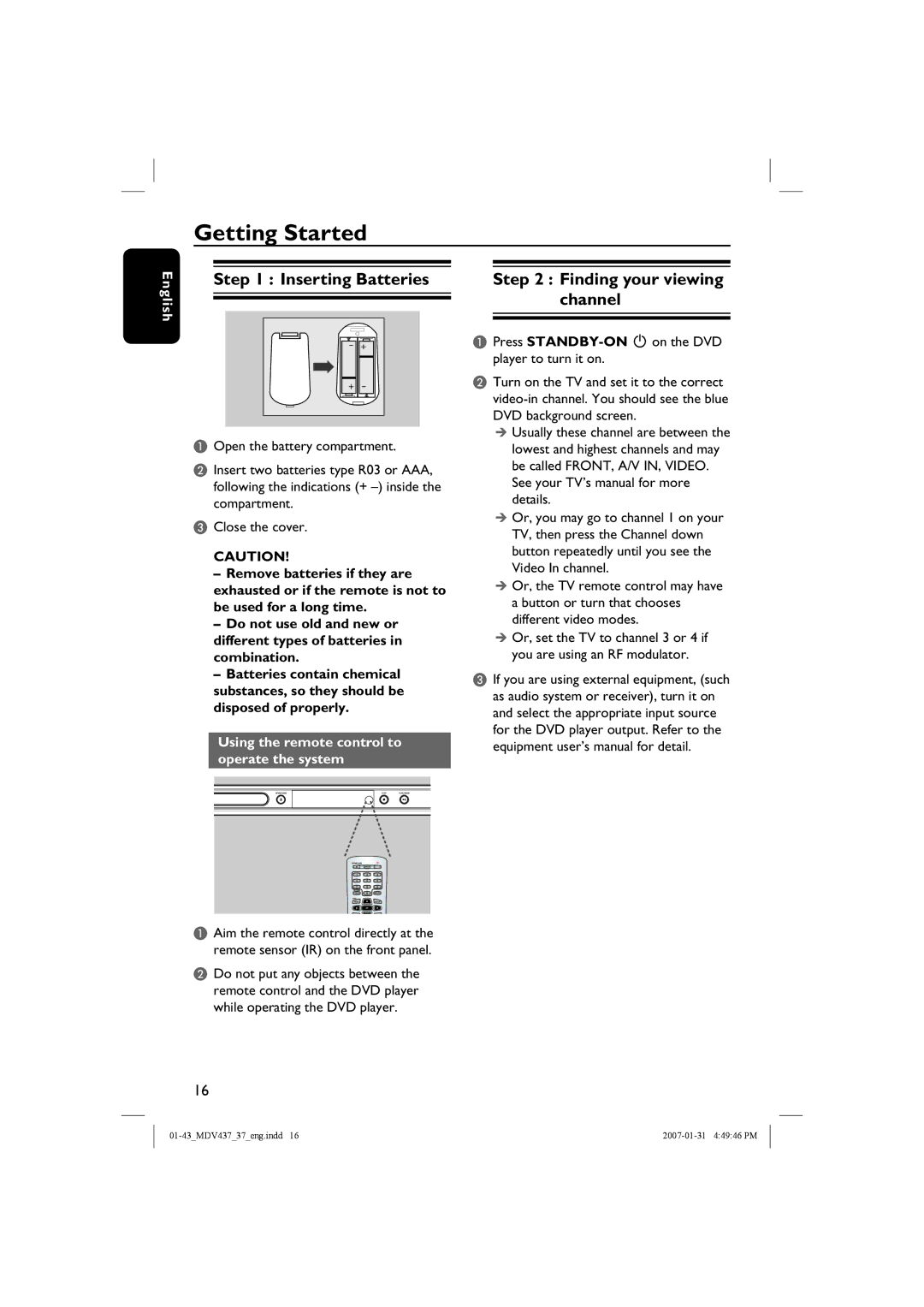 Magnavox MDV437 manual Getting Started, Inserting Batteries, Finding your viewing channel 