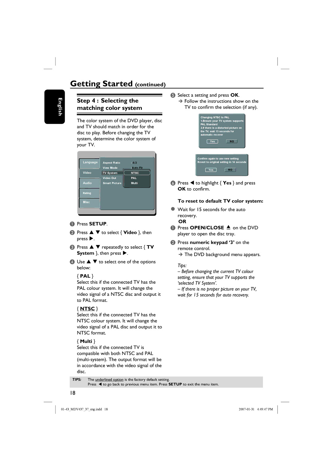 Magnavox MDV437 manual Selecting the matching color system 