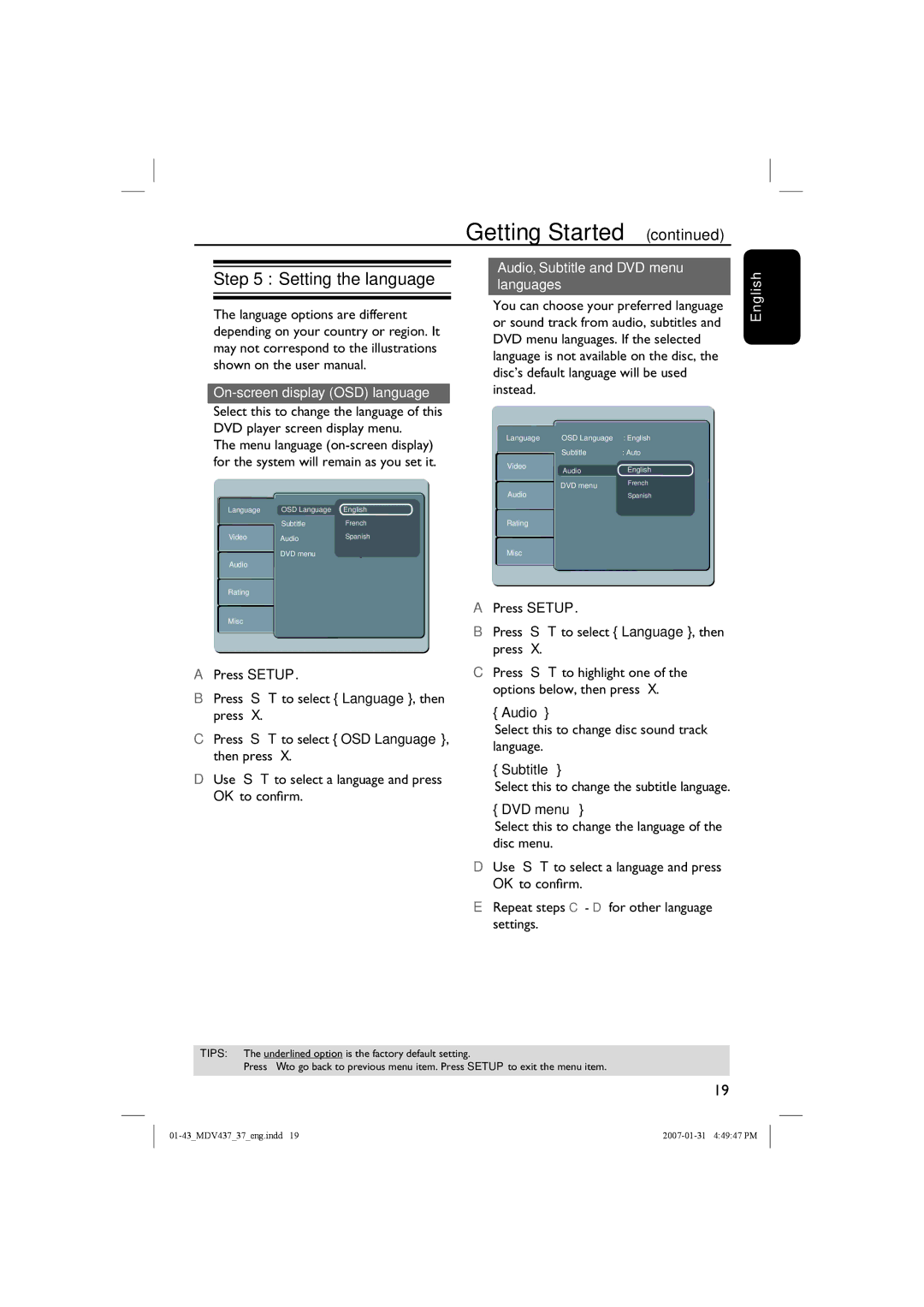 Magnavox MDV437 manual Setting the language, On-screen display OSD language, Audio, Subtitle and DVD menu languages 