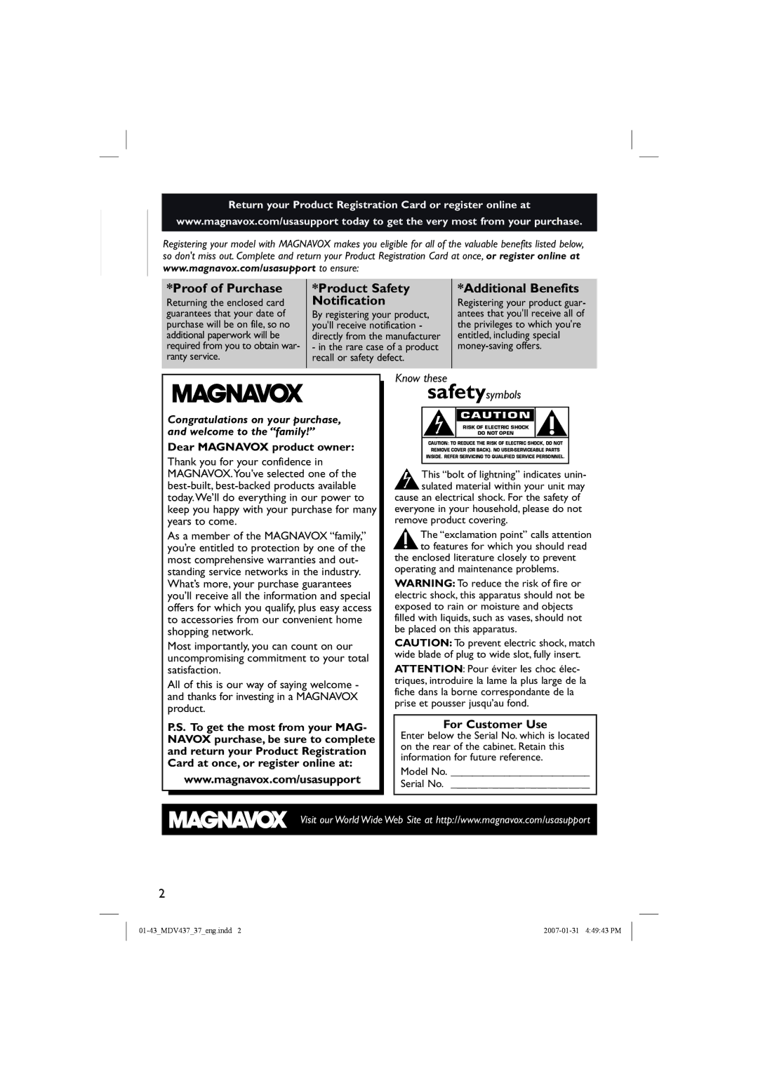 Magnavox MDV437 manual English, Dear Magnavox product owner 