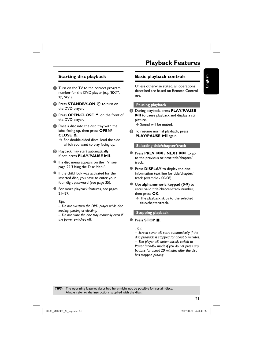 Magnavox MDV437 Playback Features, Starting disc playback Basic playback controls, Pausing playback, Stopping playback 