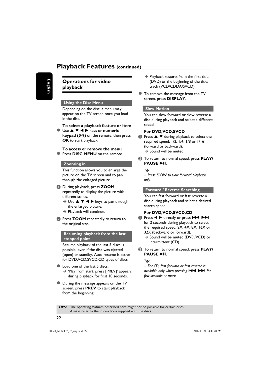 Magnavox MDV437 manual Operations for video playback 