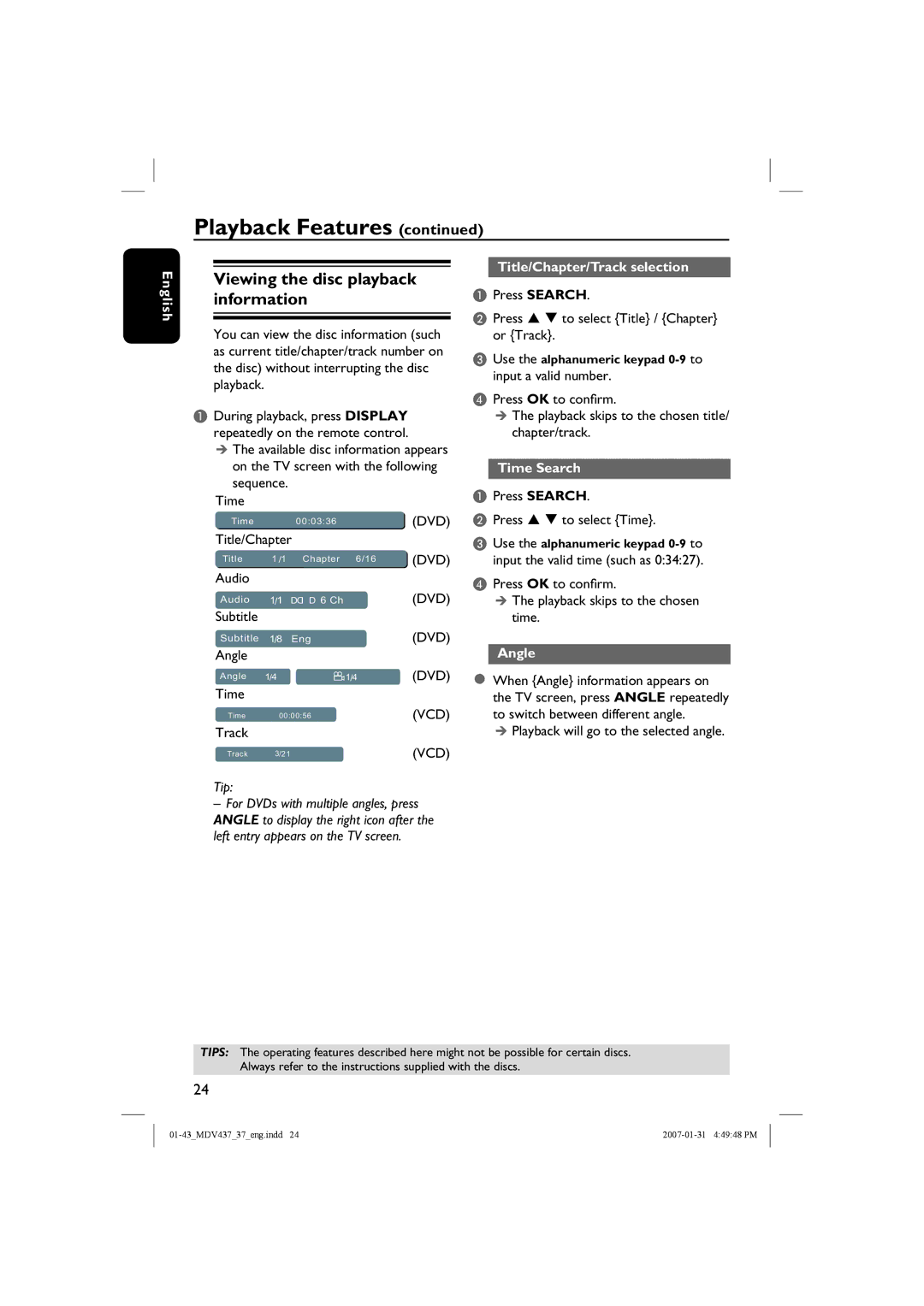 Magnavox MDV437 manual Viewing the disc playback information, Title/Chapter/Track selection, Time Search, Angle 