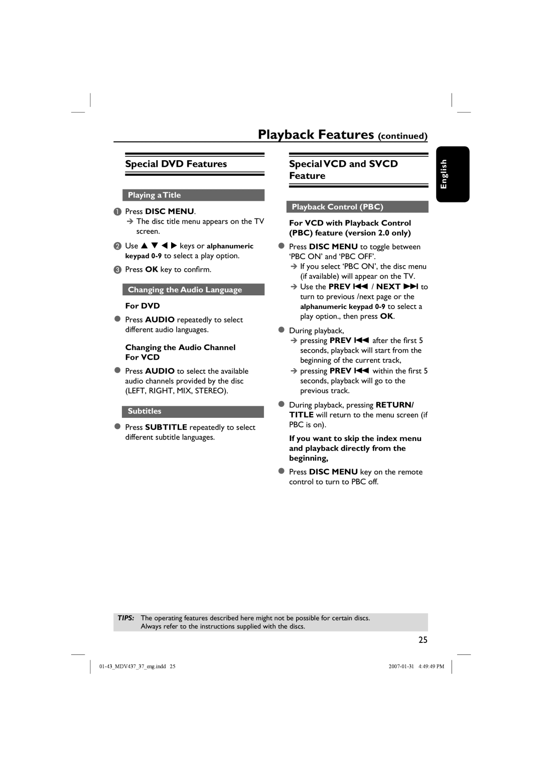 Magnavox MDV437 manual Special DVD Features, Special VCD and Svcd Feature 