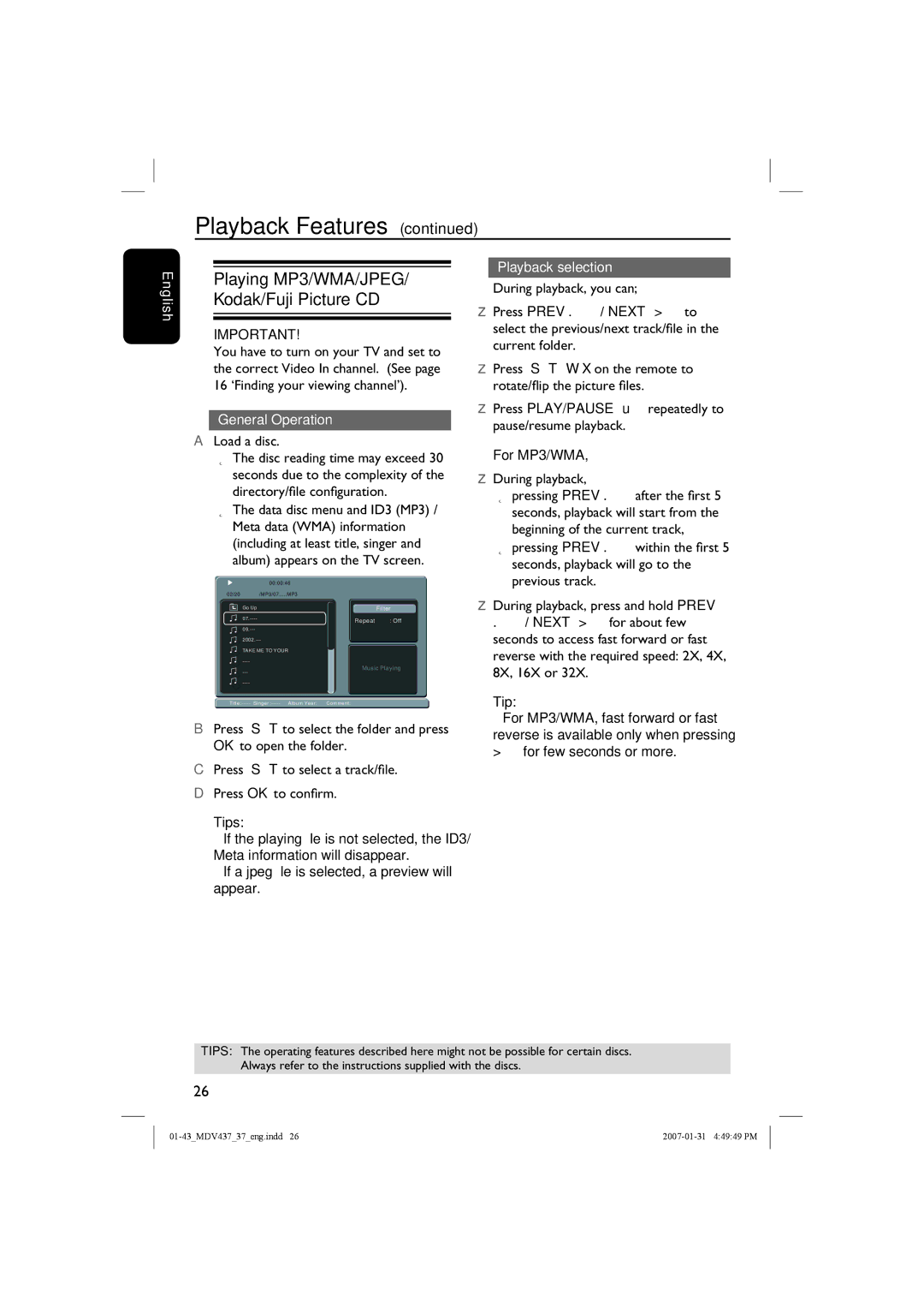 Magnavox MDV437 manual Playing MP3/WMA/JPEG/ Kodak/Fuji Picture CD, General Operation, Playback selection 