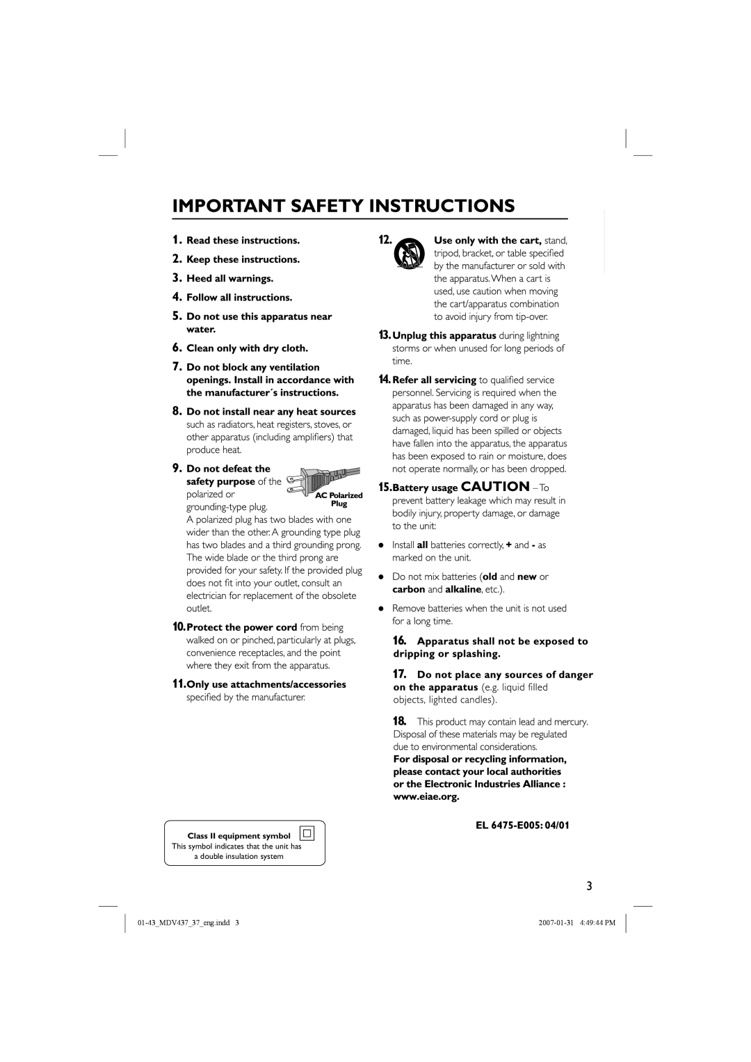 Magnavox MDV437 manual Class II equipment symbol 