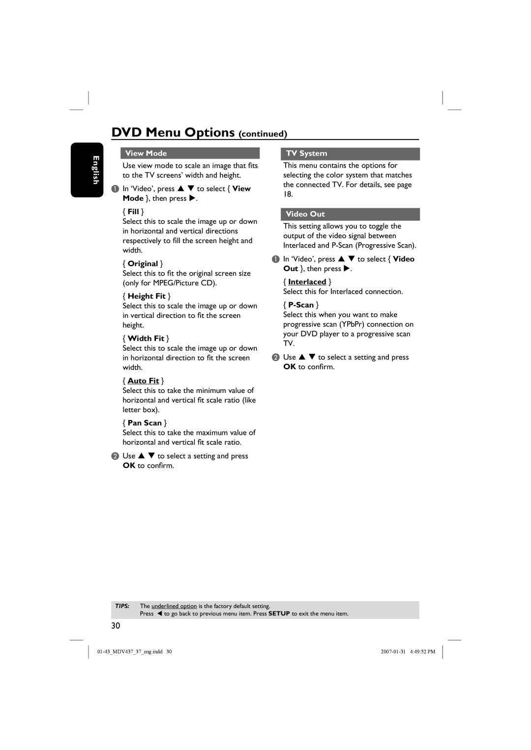 Magnavox MDV437 manual English View Mode, TV System, Video Out 