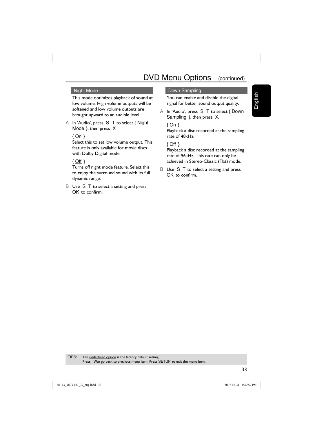 Magnavox MDV437 manual Night Mode Down Sampling 