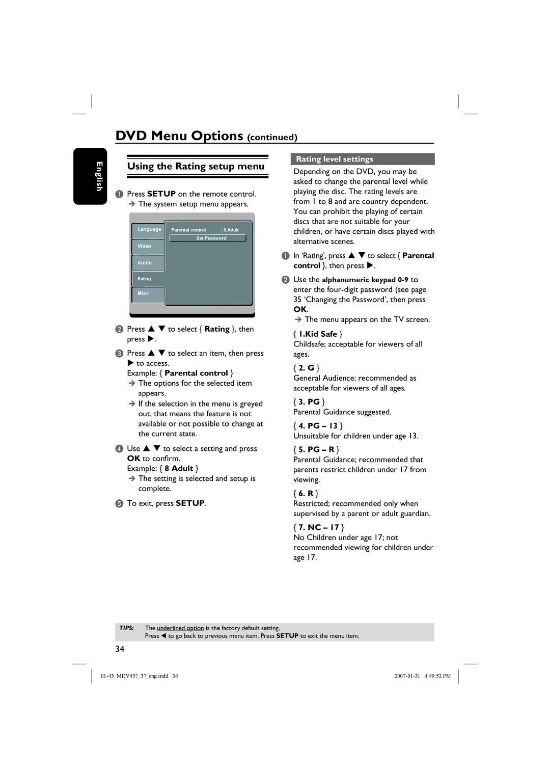 Magnavox MDV437 manual Using the Rating setup menu, Example Parental control, Rating level settings, Kid Safe, Pg R 