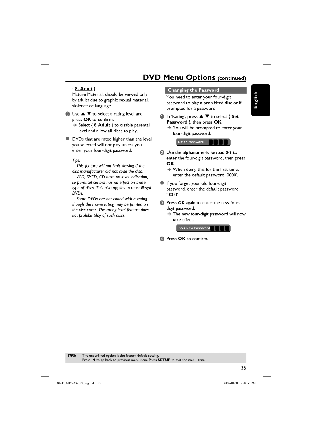 Magnavox MDV437 manual Adult, Changing the Password, Press OK to confirm 