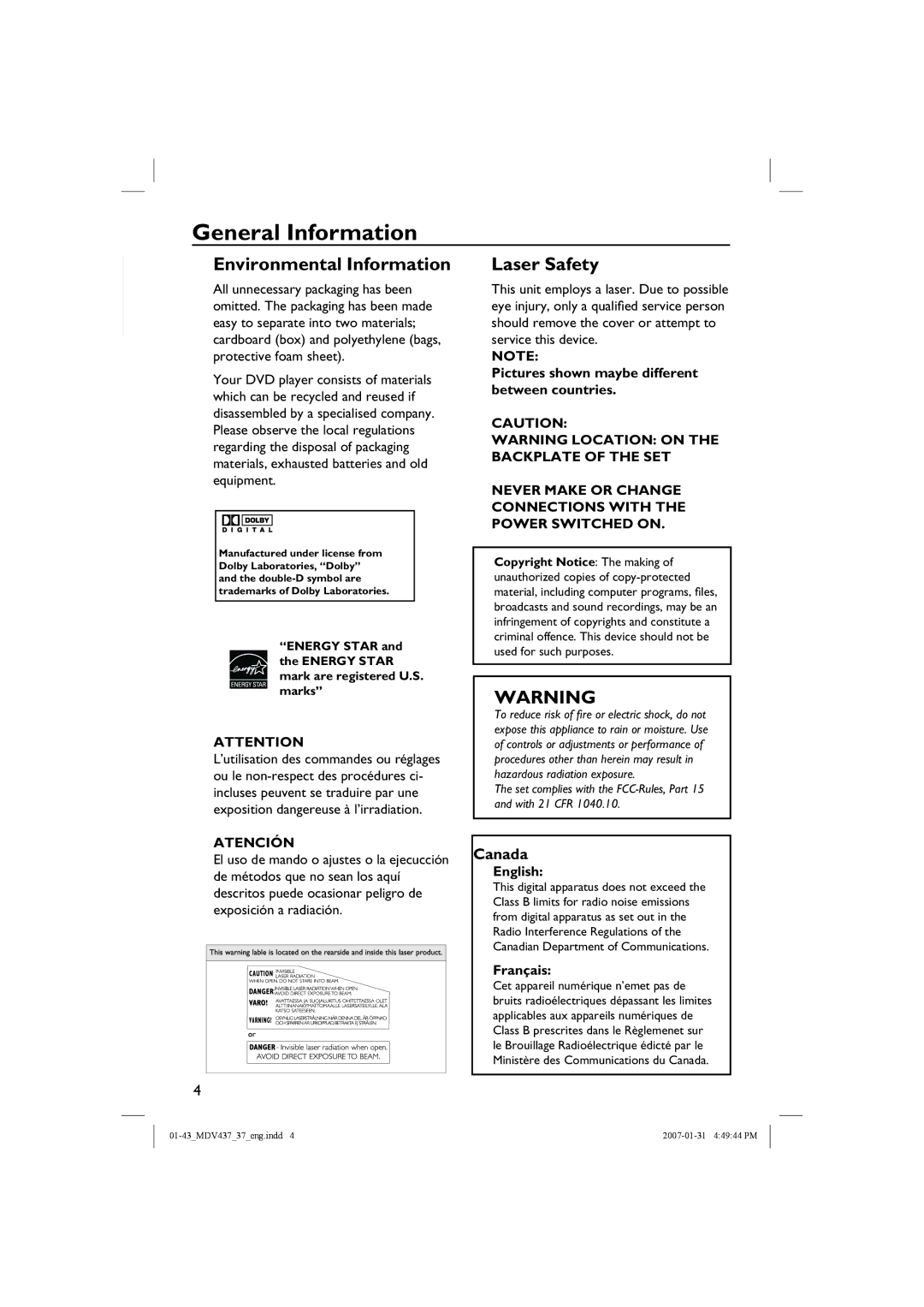 Magnavox MDV437 manual General Information, Pictures shown maybe different between countries, English, Français 