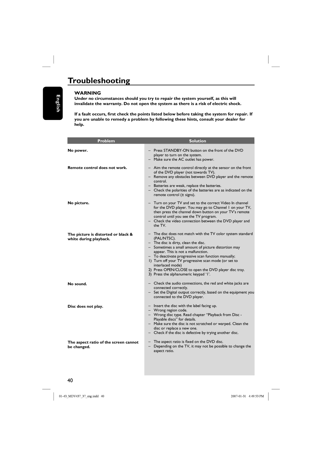 Magnavox MDV437 manual Troubleshooting, Problem Solution 