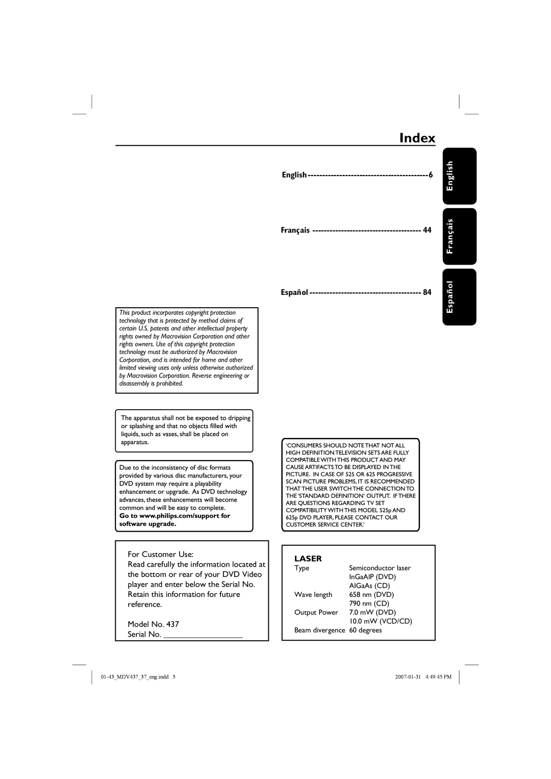 Magnavox MDV437 manual Index, Français Español, Español Français English, For Customer Use 