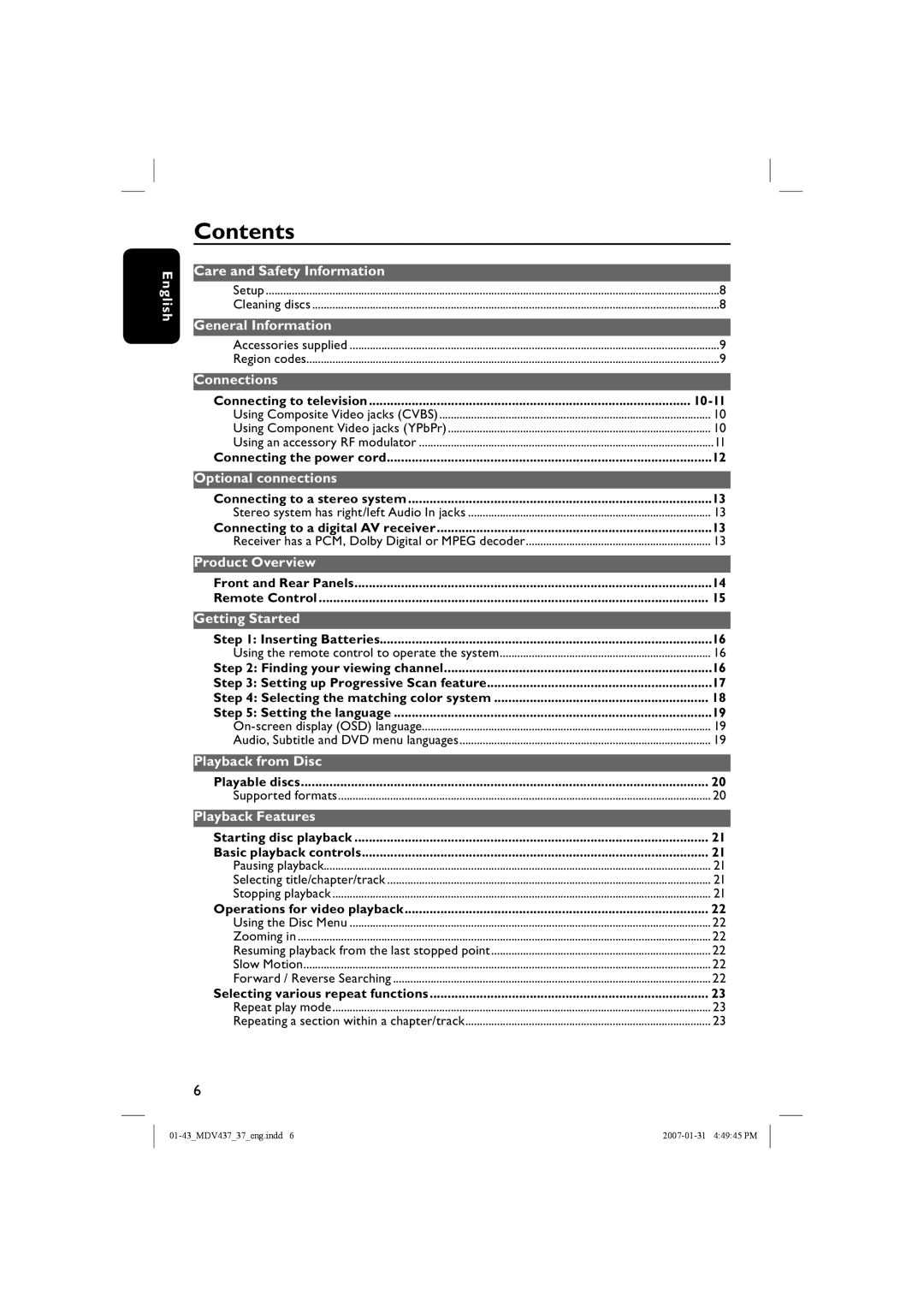 Magnavox MDV437 manual Contents 