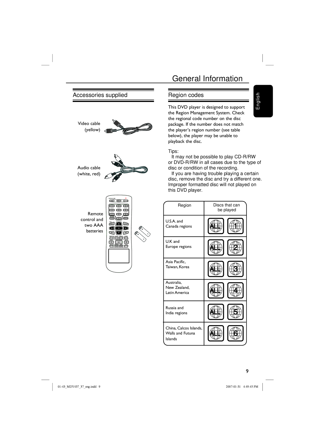 Magnavox MDV437 manual Accessories supplied, Region codes, Remote control and two AAA batteries 