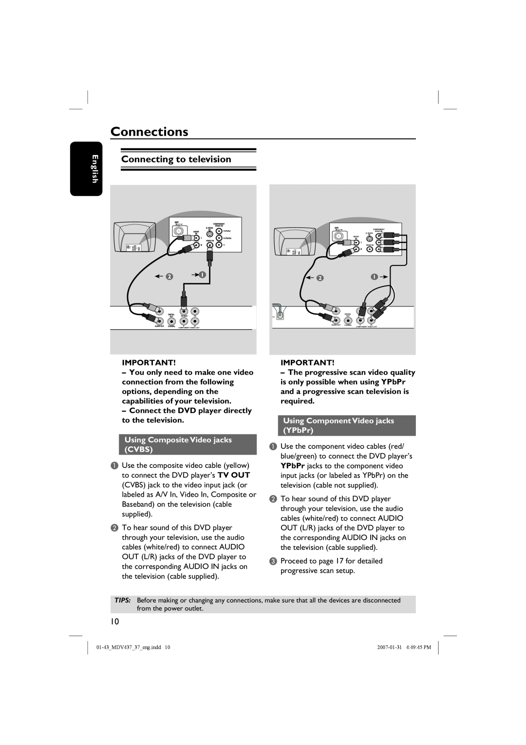 Magnavox MDV437 manual Connections, Connecting to television, Connect the DVD player directly to the television, English 
