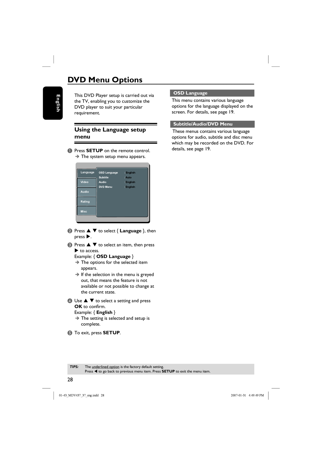 Magnavox MDV437 manual DVD Menu Options, Using the Language setup menu, OSD Language, Subtitle/Audio/DVD Menu, English 