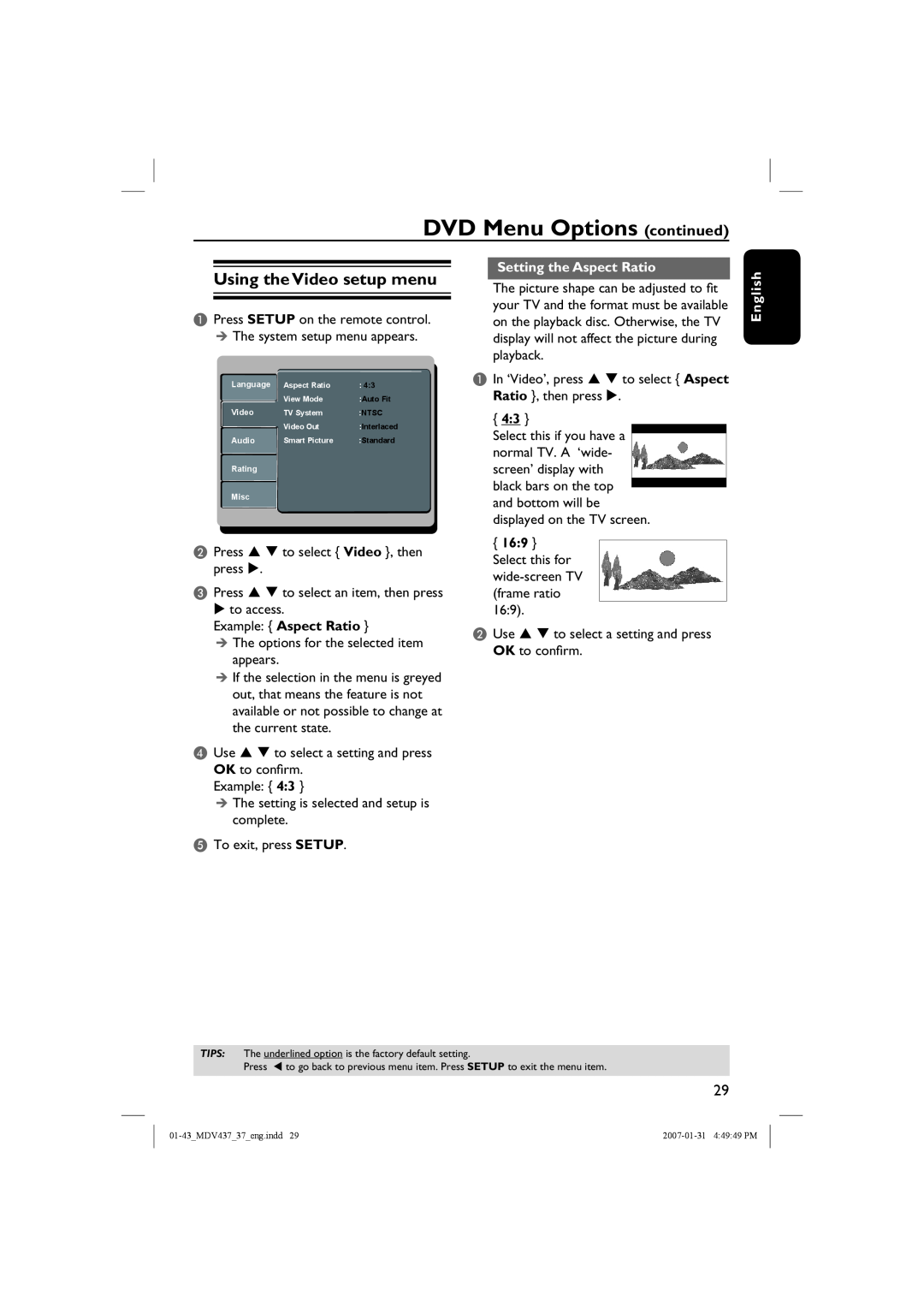 Magnavox MDV437 DVD Menu Options continued, Using the Video setup menu, Example Aspect Ratio, Setting the Aspect Ratio 