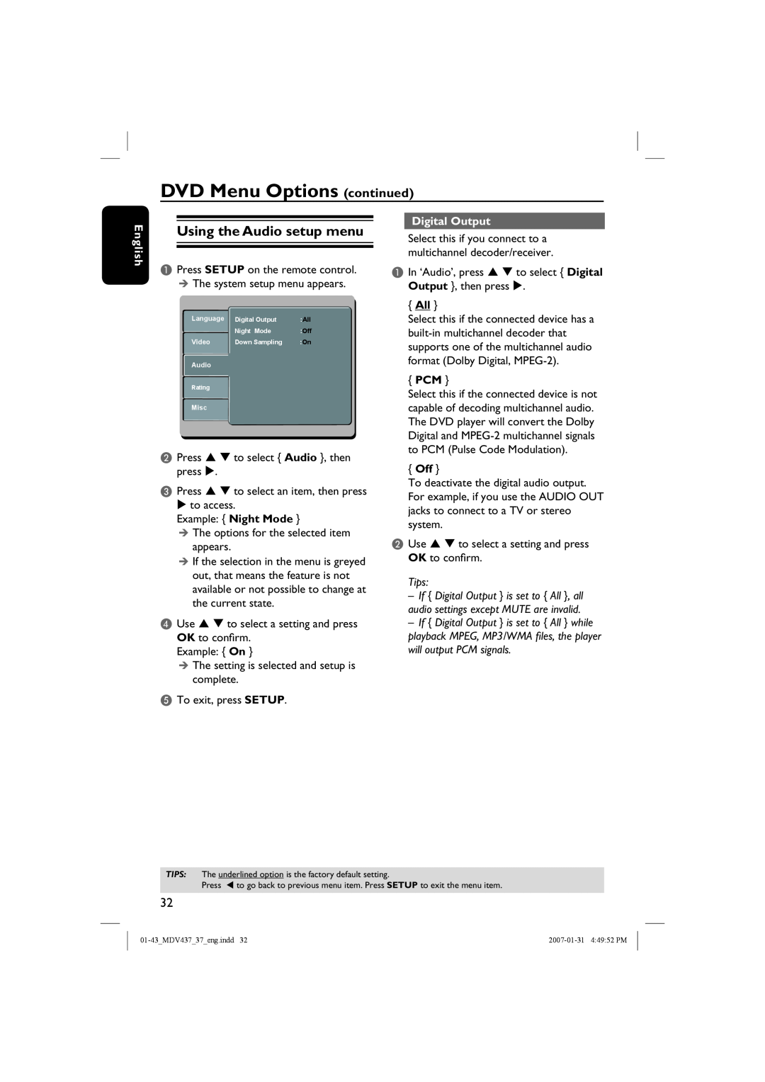 Magnavox MDV437 manual Using the Audio setup menu, Digital Output, DVD Menu Options continued, English, Tips 