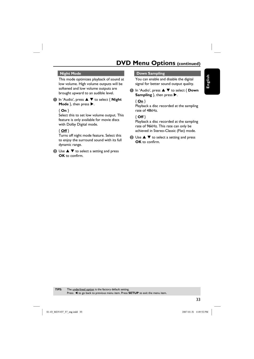 Magnavox MDV437 manual Night Mode, Down Sampling, DVD Menu Options continued, English 