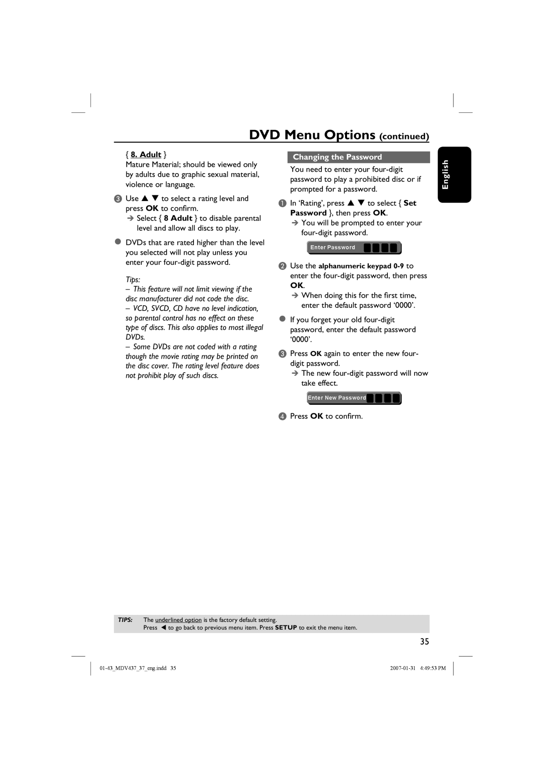 Magnavox MDV437 manual Adult, Changing the Password, DVD Menu Options continued, Tips, English 
