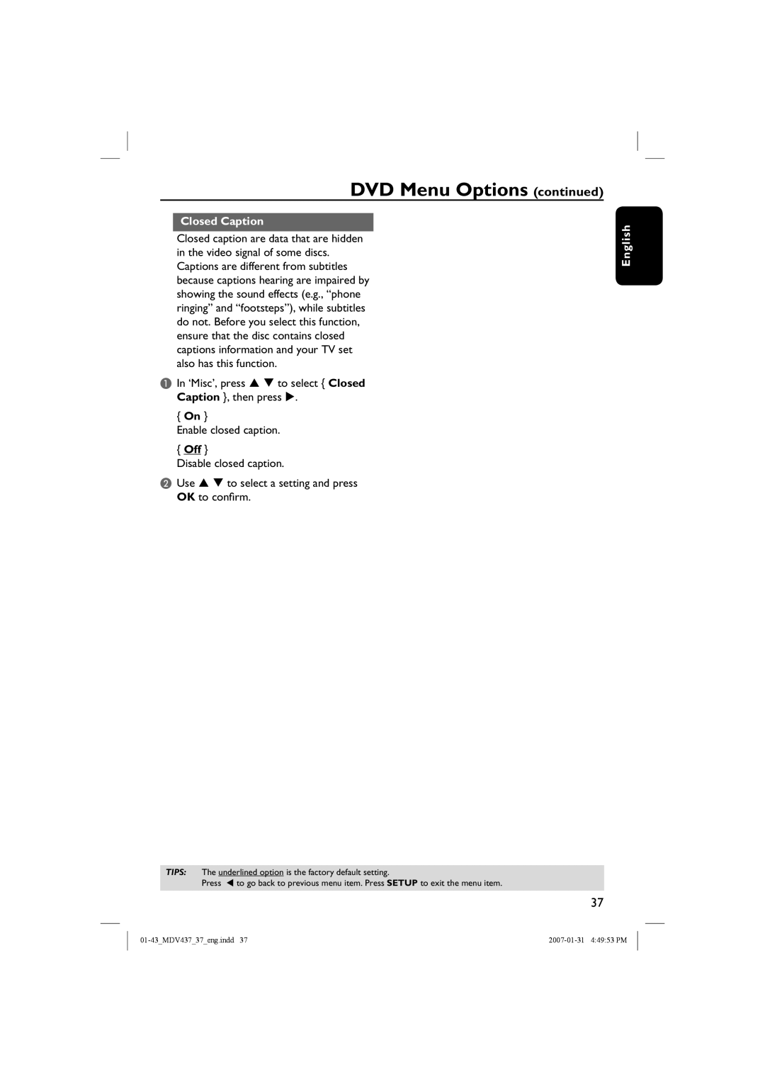 Magnavox MDV437 manual Closed Caption, DVD Menu Options continued, English 