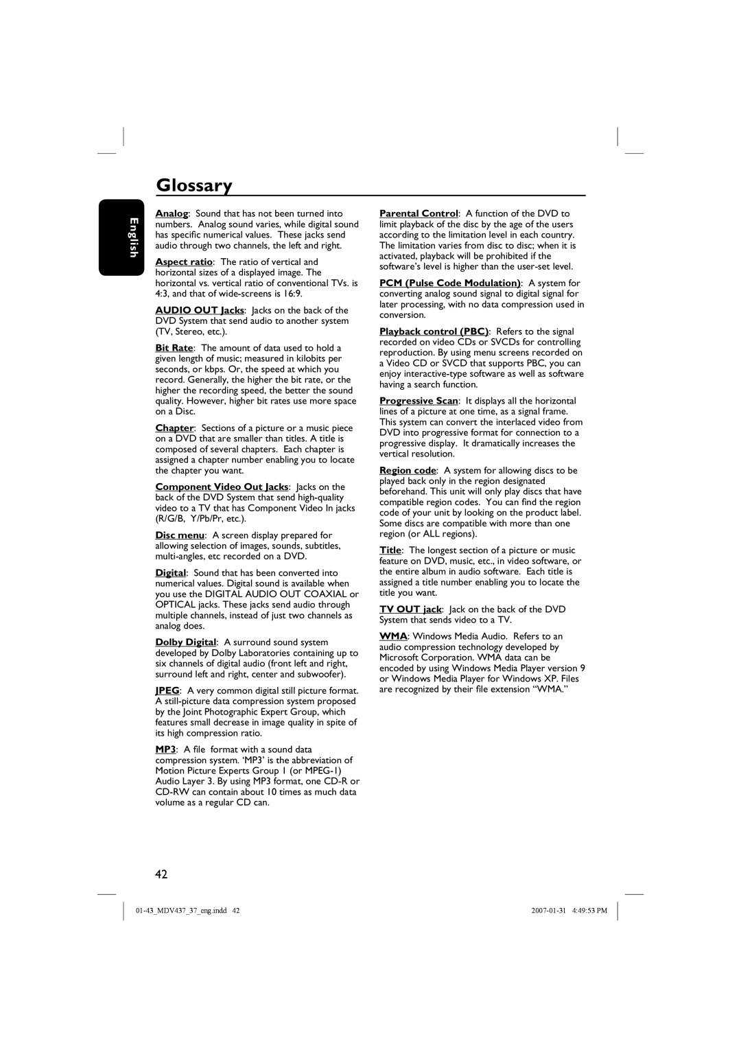 Magnavox MDV437 manual Glossary, English 