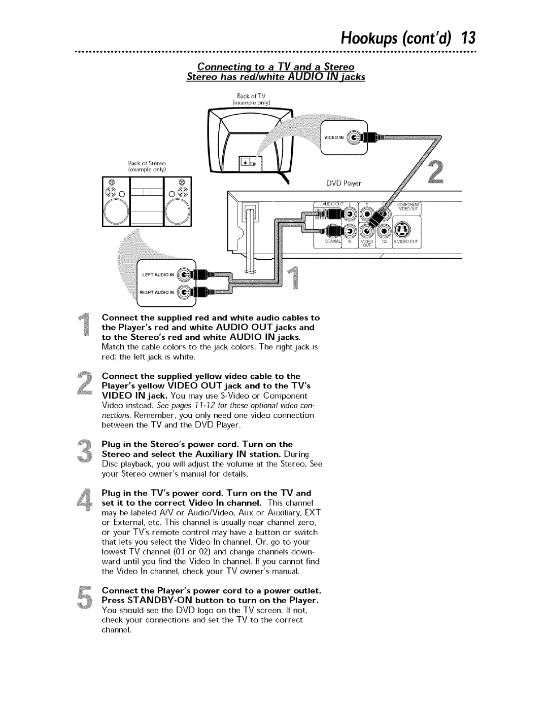 Magnavox MDV443 owner manual Hookupscontd, Stereos, Power cord. Turn, Select the Auxiliary Station. During 