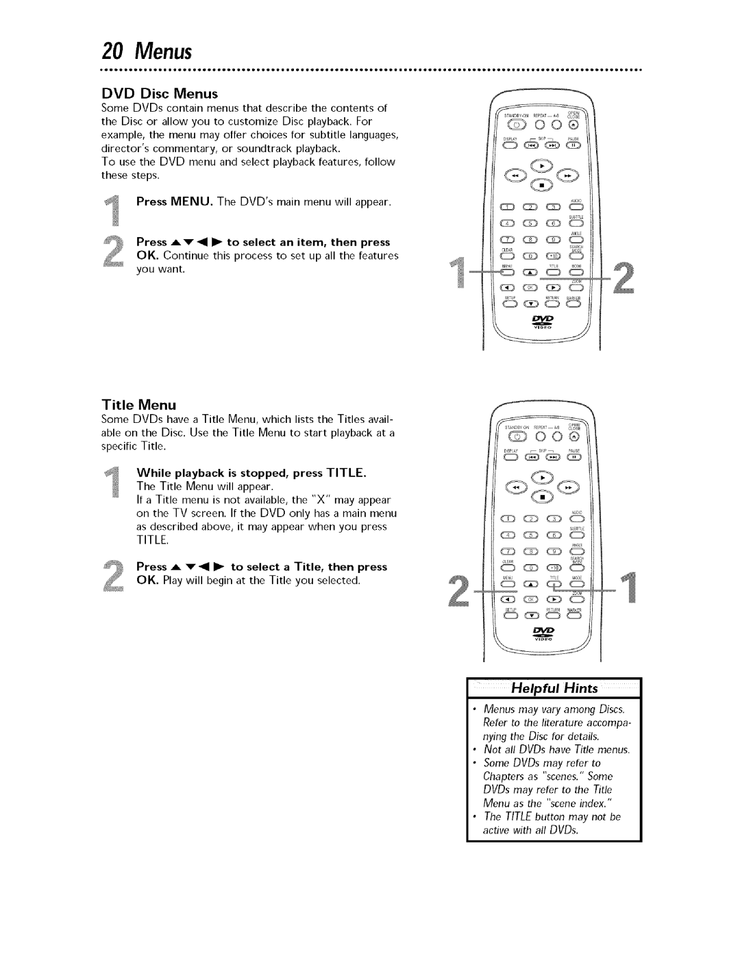 Magnavox MDV443 owner manual DVD Disc Menus, Title Menu, Press MENU. The DVDs main menu will appear 