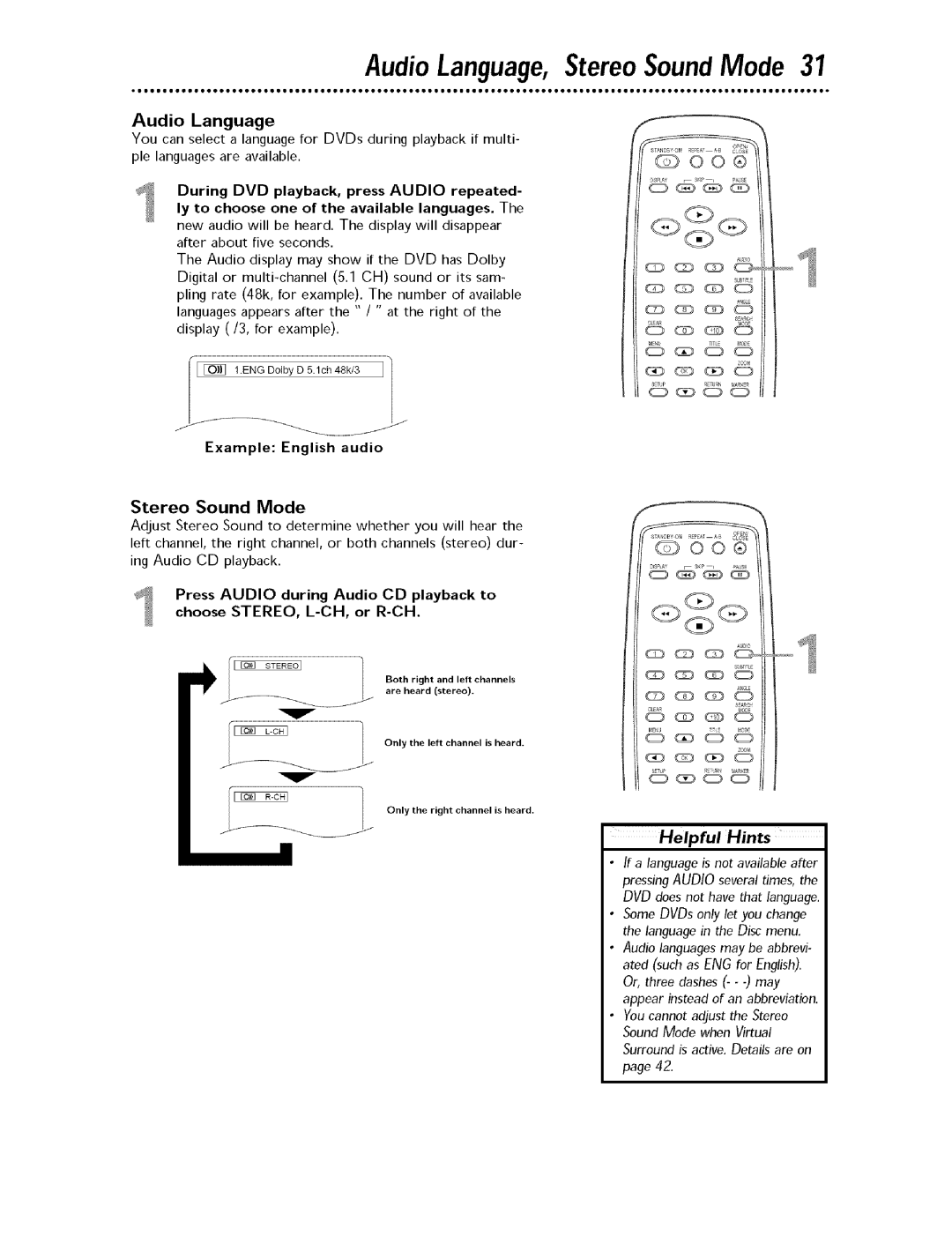 Magnavox MDV443 owner manual AudioLanguage, StereoSoundMode, Audio Language, Stereo Sound Mode, Example English audio 