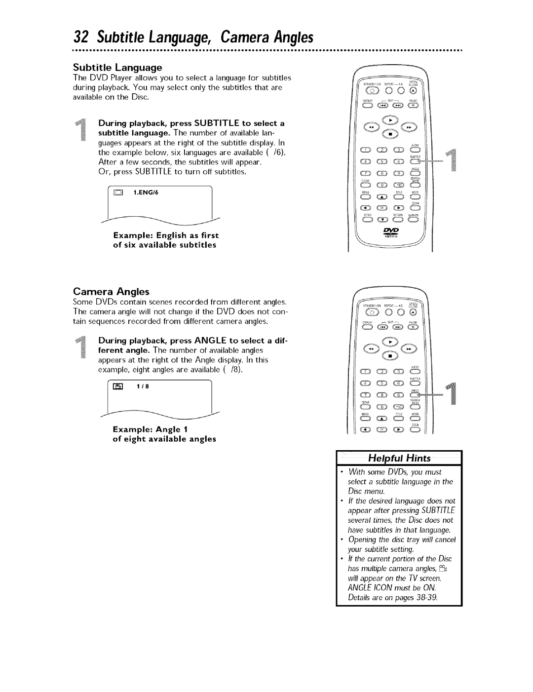 Magnavox MDV443 owner manual Subtitle Language, Camera Angles 