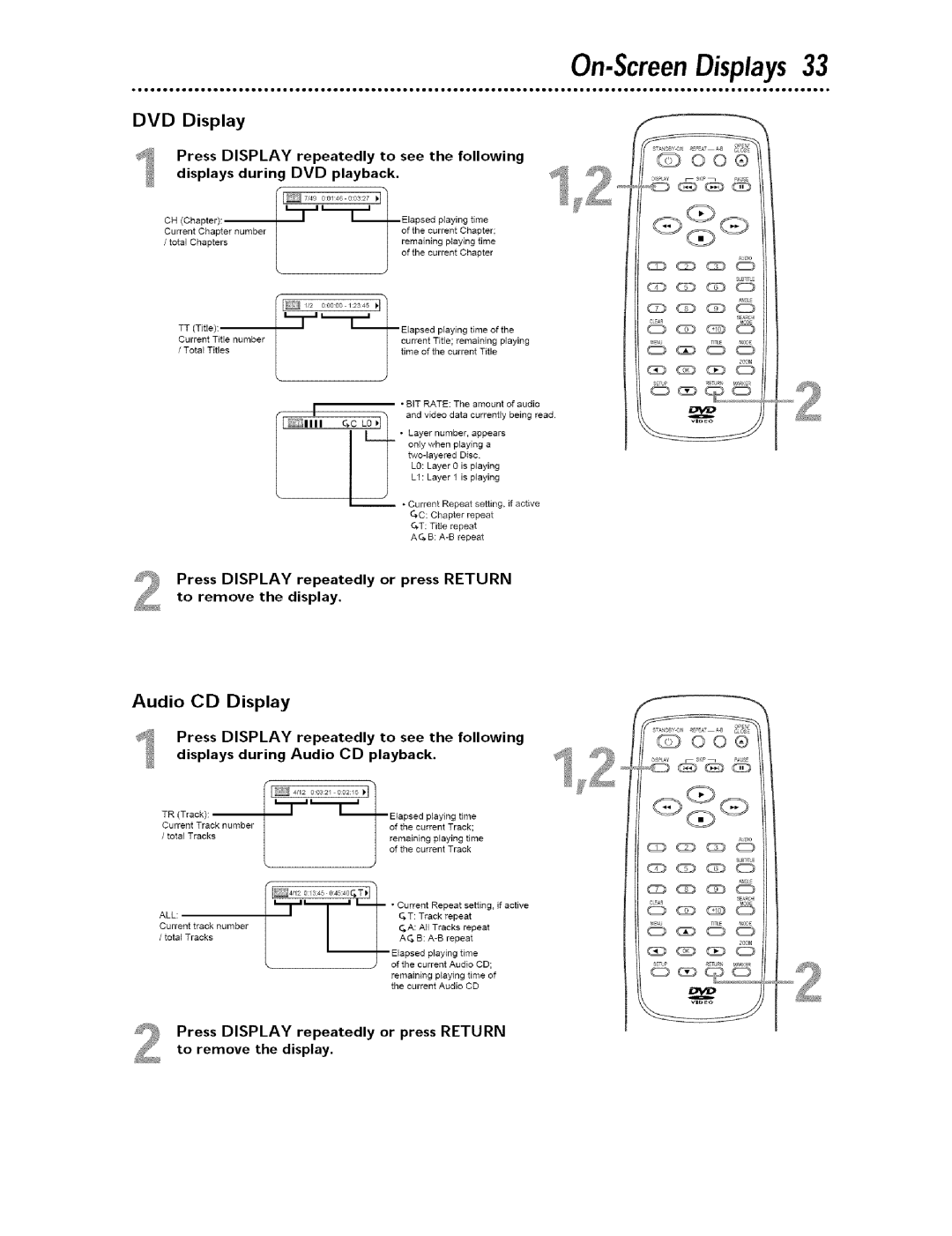 Magnavox MDV443 owner manual On-ScreenDisplays, DVD Display, Audio CD Display 