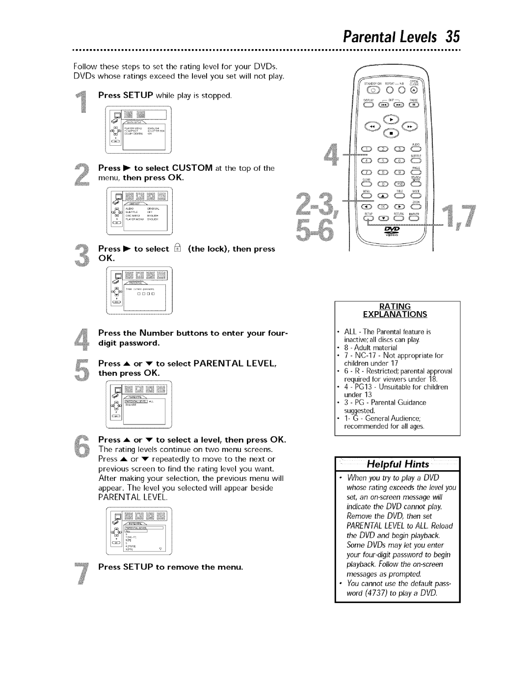 Magnavox MDV443 owner manual Parental Levels, @00, Press Setup to remove the menu, Explanations 