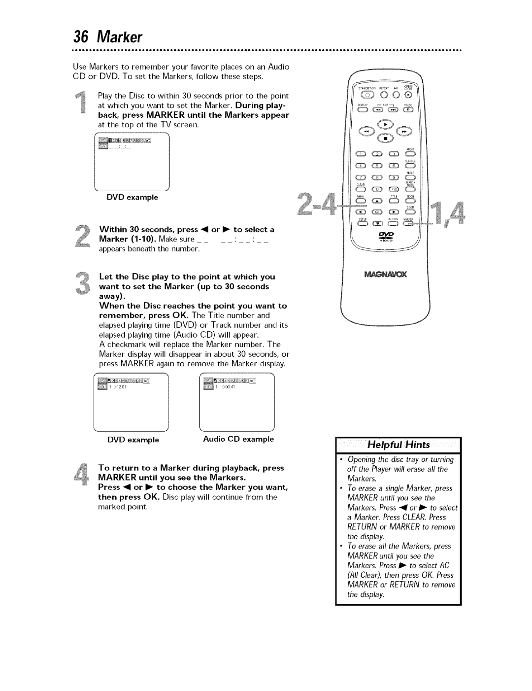 Magnavox MDV443 owner manual Marker, DVD example Audio CD example, Marked point 