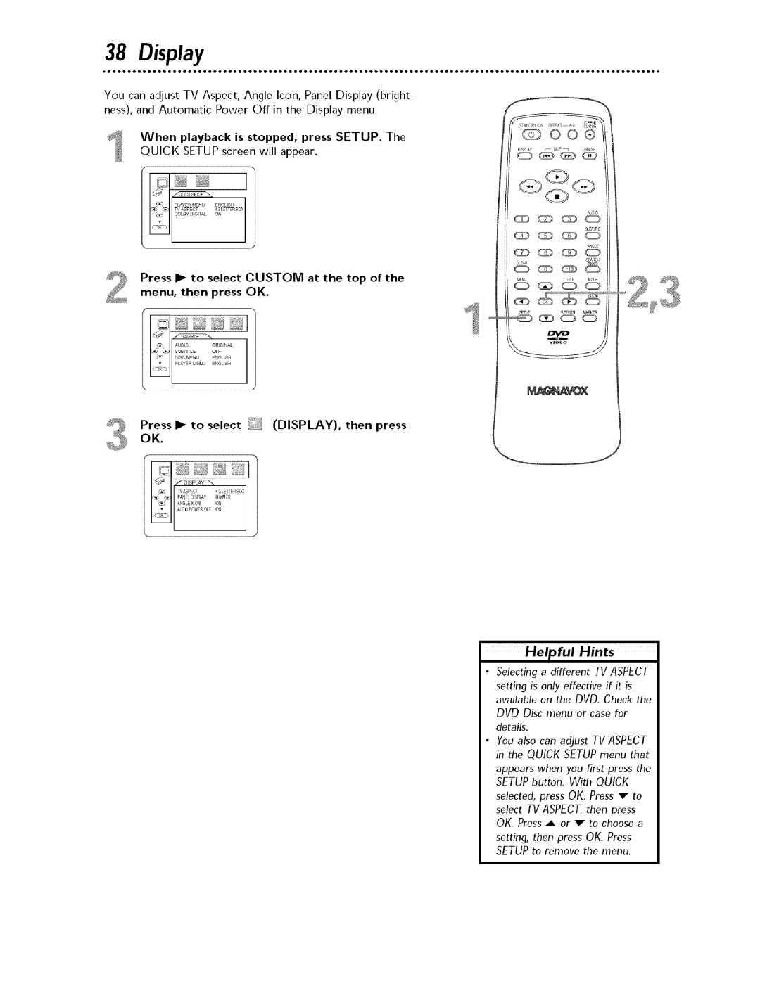 Magnavox MDV443 owner manual Press I to select DISPLAY, then press Helpful Hints, When playback is stopped, press SETUP 